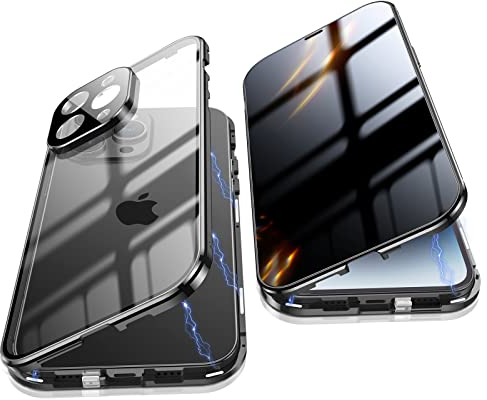 Jonwelsy Anti Peeping Funda para iPhone 14 Pro (6,1), 360 Grados Proteccion Case, Privacidad Vidrio Templado Anti Espía Cover, Adsorción Magnética Metal Bumper Cubierta para iPhone 14 Pro (Negro)