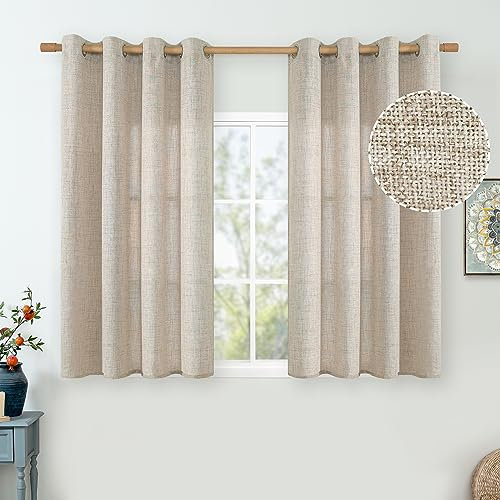QUEMAS Lot de 2 Rideaux Courts 114 cm pour Petite Fenêtre, Lin pour Chambre à Coucher, Filtrant la Lumière, Épais à Œillets, Toile de Jute Épaisse, Style