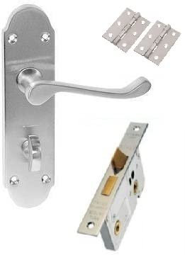 Golden Grace Epsom Style Victorian Scroll Bathroom Door Handles on Shaped Backplate in Satin Brushed Chrome with Bathroom Mortise Lock Set & 1 Pair of 3 Hinges - 170mm x 40mm