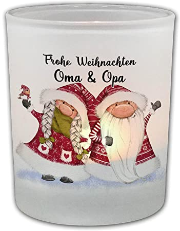 FEENSTAUB Windlicht Glas, Weihnachten Deko Winter, Teelichthalter Glas Personalisiert Mit Name, Kerzenglas, Weihnachtsgnomen, Tischdeko Teelicht