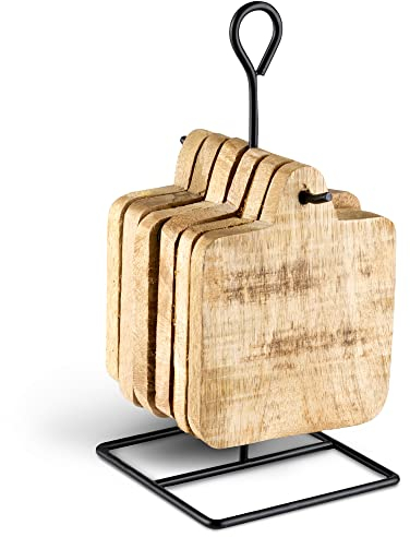 Novaliv Juego de 6 posavasos de madera con soporte/posavasos de madera 12 x 9,5 x 1 cm/posavasos de madera para vasos, café, cerveza, vino, botellas de cristal, casa y bar