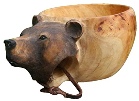 komsoup Kuksa Tasse en Bois,Tasse en Bois Sculptée À La Main Kuksa,Camp en Bois en Plein Air Portable, Tasse d'image Tête d'animal avec Lanière pour Les Voyageurs