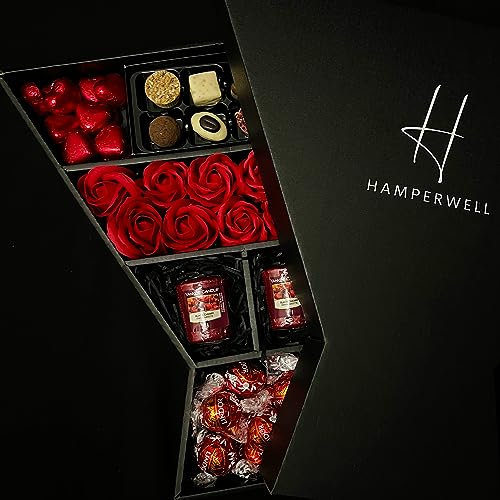 Lindt Lindor & Yankee Scented Votive Candle Signature Chocolate Hamper with Red Roses in a Luxury Presentation Box