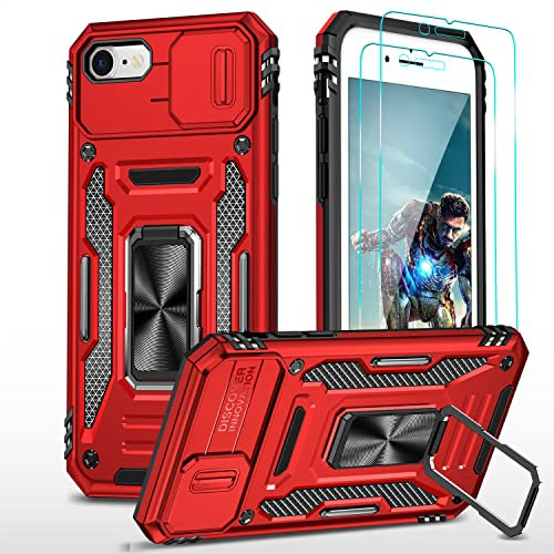 YmhxcY for iPhone SE 3 2022 Case,iPhone SE 2020 Case, iPhone 8/7 Case, iPhone 6/6S Case and Military-Grade Explosion-Proof Screen Protector [2 Packs] 360° Can Rotate Stand-Red