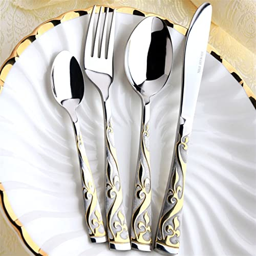 JUNNIU Ensembles de Couverts 4 pièces Vintage Western plaqué Or Vaisselle dîner Fourchette Couteau Ensemble de Couverts dorés en Acier Inoxydable Gravure Vaisselle en Acier Inoxydable (B) Decoration