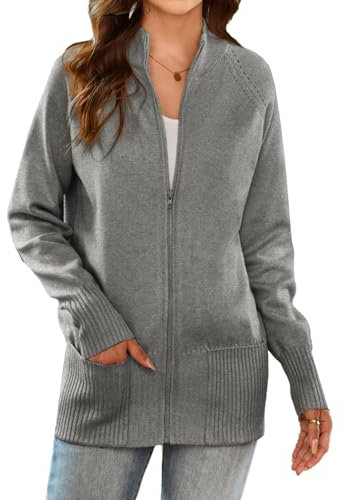 GRACE KARIN Damen Langarm Strickjacke Pullover gestrickt Vintage Business Stehkragen Strickjacke mit Reißverschluss Grau XXL