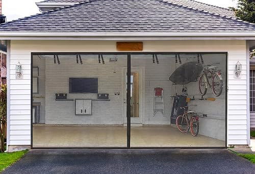 Puertas mosquiteras de garaje para garaje de 2 autos, fibra de vidrio, duradera, resistente, magnética, manos libres, con 6 correas enrollables para patio, taller, hogar, gimnasio, sala de sol