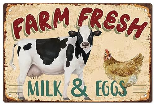 SUPERDANT Kuh Huhn Blechschild Farm Fresh Vintage Metallschild Lustige Wandkunst Bauernhaus Blechschilder Malerei Retro Schilder Für Esszimmer Küche Speisekammer Outdoor Holzzaun Dekoration 20x30CM