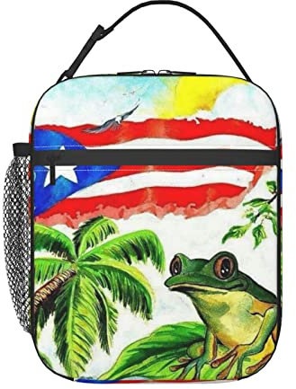 Puerto Rico Flag Frog Palm Trees Printed Insulated Lunch Bag for Men Women - Durable Lunch Cooler Tote Bag for Work, School, and Travel