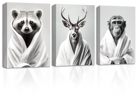 CXHOSTENT Lustiges Badezimmer Leinwandbild 3 teilig Affe Giraffe Waschbär mit Bademänteln Leinwand Wanddrucke schwarz weiße Tierbilder (B, 28.00 x 35.00 cms x 3PCS)