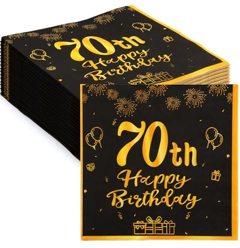 ZYNERY 60Stk 18/30/40/50/60/70 Geburtstags Deko Servietten, Schwarze Gold Happy Birthday Servietten 34cm x 34cm, Geburtstag Männer Frauen Geburtstags Party Deko (Schwarze Gold-70)