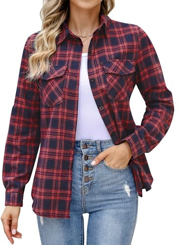 Aottori Women Flannel Checked Shirt Ladies Long Sleeve Cotton Casual Plaid Shirts V Neck Button Down Blouse Top with Pockets Navy-Red M
