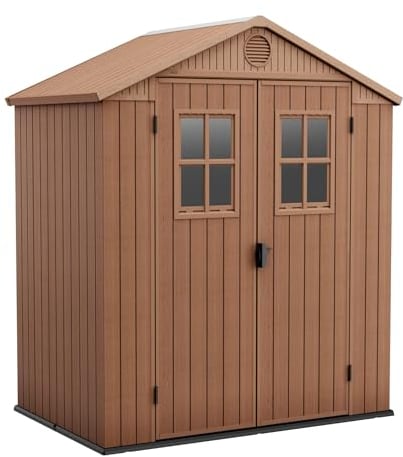 Mondo Viro Casetta in resina da giardino Loto a 2 porte marrone effetto legno con 2 finestre (Piccola - cm 190x122 221h)