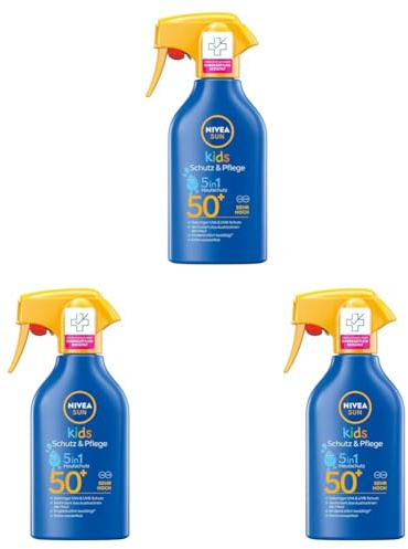 Nivea Men Kids Schutz & Pflege 5in1 Hautschutz LSF 50+ Sonnencreme (250 ml), hoher Sonnenschutz mit Bio-Mandelöl, extra wasserfestes Sonnenspray für empfindliche Haut (Packung mit 3)