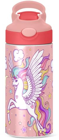Botella de agua para niños con pajilla, estrellas y nubes, lindo unicornio, termo pequeño, termo con aislamiento térmico, termo de acero inoxidable, para deportes fríos y calientes, 350 ml, tapa a