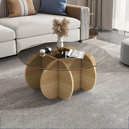 Generic Table basse ronde moderne en verre, pour salon, base en bois massif et plateau en verre trempé transparent, table basse simple et élégante pour terrasse
