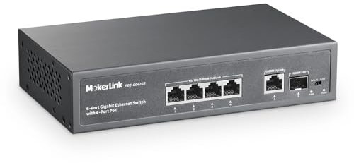 MokerLink Switch PoE a 4 Porte, 1 Gigabit Uplink, 1 SFP, IEEE802.3af/at 75W, PoE Watchdog AI Rilevazione, QoS, Ethernet Plug in Metallo Senza Ventole