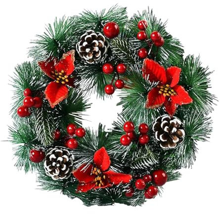 Christmas Wreath for Front Door, 30cm Artificial Xmas Door Wreath with Red Berries Pinecones for Wall Window Mount