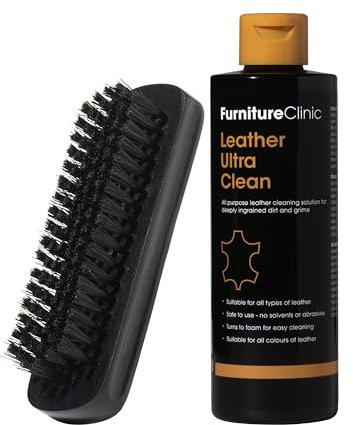 Furniture Clinic Leather Ultra Clean and Leather Cleaning Brush - All-Purpose Leather Cleaner for Sofas - Leather Car Interior Cleaner and Soft Brush - Deep Cleans All Leather Types & Colours - 250ml