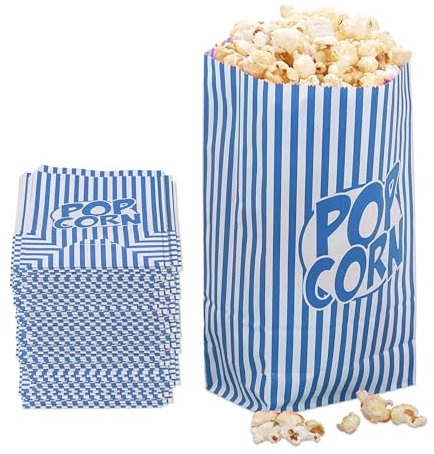 Relaxdays Popcorntüten, 144er Set, gestreift, Retro-Optik, Kino, Filmabend Zubehör, Papier, Popcornbehälter, blau/weiß