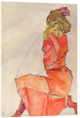 Posterlounge Kniendes Mädchen in orange-rotem Kleid Acrylglasbild von Egon Schiele 13 x 18 cm Beige Wandbilder Wanddeko