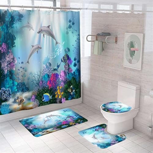 4pcs Dolphin and Ocean Life Shower Curtain Set, Polyester Bath Curtain, Blue Ocean Undersea World Colorful Fish Coral Seabed Waterproof Curtain, Rugs,Toilet Lid Cover and Bath Mat Bathroom Decor Set