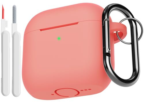 KOKOKA Silikon Hülle Schutzhülle Kompatibel mit AirPods 4. Generation mit Reinigungsset, Stoßfeste Weiche Dünne Schutzhülle Case für Airpods 4 2024 mit Cleaner Kit & Karabiner, Coral Orange
