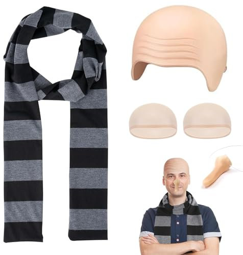 Bocguy 5 Stück Karneval Grü Kostüm Zubehör, Schwarzer und Grau Schal mit Falscher Nase und Glatzen Kappe, für Herren Halloween/Karneva Cosplay Kostüm Zubehör