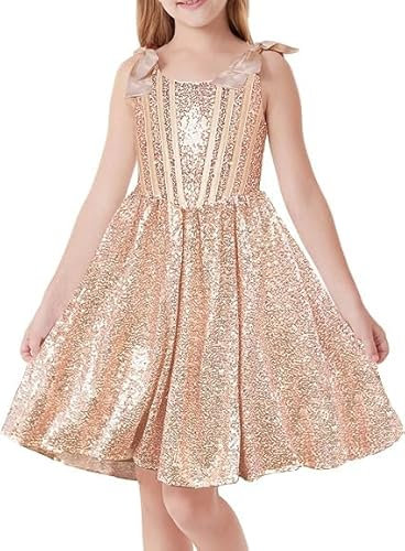 GRACE KARIN Girls Sequin Dress Fancy Sparkly Strap Sleeveless Round Neck Formal Party Dresses A-Line Dresses Rose Gold 12 Years