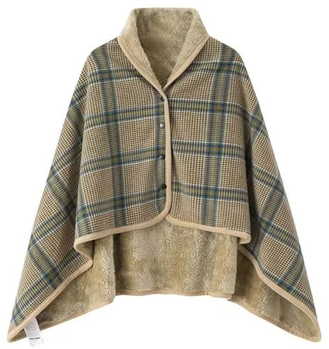 WINKEEY Femme Poncho Polaire Plaid Châle Polaire Cape Chaud d'hiver avec Boutons Couverture à Carreaux, Beige