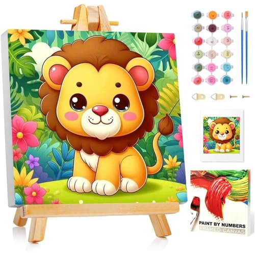 Mafenr Art Lion Peinture Numero Enfant Avec Cadre, Lion Kits de Peinture au Numéro, Peinture par Pour la Décoration de la Maison 20x20 cm, Avec Chevalet