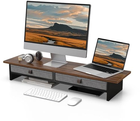 Fenge Dual Support de Monitores, Elevador de Pantalla de Ordenador Con 2 Tirantes de Tela, Para 2 Monitores, PC, TV, Ordenador, Impresora,90 x 23,5 x 14,2 cm, Carga de 25KG (Marrón)