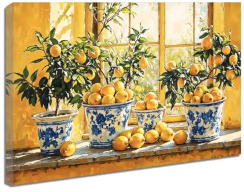 ZQQART Lemon Picture Wall Art Kitchen Canvas Prints Yellow Lemon with Pottery Blue Painting Vintage Fruit Botanical Dining Room Farmhouse Decor (Orange,12 x 18)