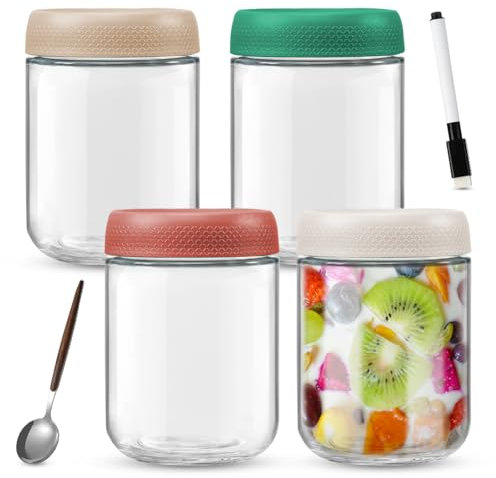 Zinueen Lot de 4 Bocaux en Verre, 500ml Pot Overnight Oat Verre, Meal Prep Containers Pot Yaourt en Verré avec Couvercle Bocal en Verré, pour Pots à Salade D'avoine Yaourt Chutney Confiture Épices