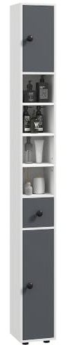 kleankin Meuble Colonne Salle de Bain Fine 20 x 20 x 180 cm Gris | Armoire Haute, 4 Étagères Réglables, 1 Tiroir, 2 Placards, Design Moderne