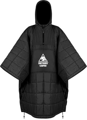 OneTigris Camping Poncho Decke mit 3M Thinsulate Isolierung, wasserdicht Decke warm, mit großen Taschen, tragbare Kapuzendecke für Outdoor, Wandern, Reise(Schwarz)