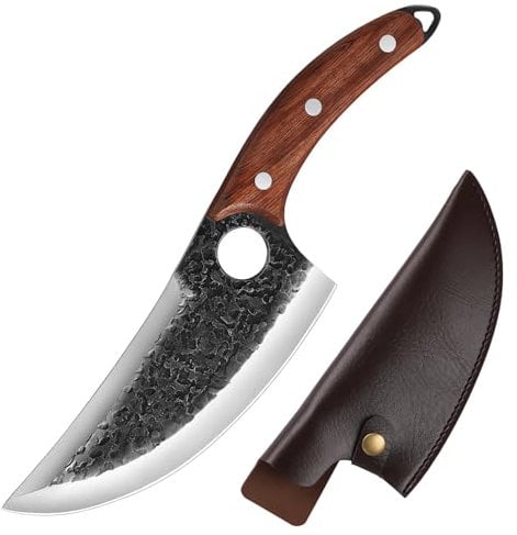 yekulanyue Chef's Knife Japanese 7 Handmade Forged Kitchen Knives with Wooden Handle and Leather Sheath, Hammered Steel Blade