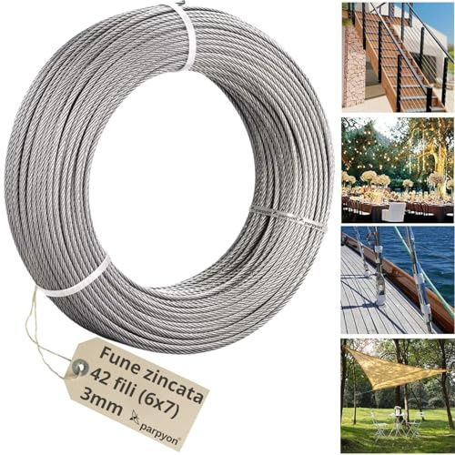 Parpyon Fune Acciaio Zincato 42 Fili cavo acciaio filo metallico per sospensioni, luci, recinzione lavori di fai da te, fissaggio (50, 3mm)
