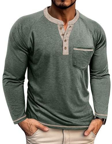LAOARA Mens Long Sleeve T-Shirts Henley Casual Grandad Regular Fit Golf Tops with Pocket
