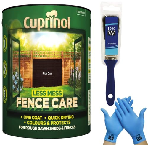 Cuprinol Less Mess Rich Oak Fence Care Stain 6L + Free 4 Inch Fence Paint Brush & Nitrile Gloves – One‑Coat Coverage, Quick Drying, Rich Colour & Low Odour