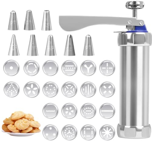 FARYODI Pressa per Pasticceria, Siringa per Pasticceria con 20 Stampi e 8 Ugelli in Acciaio Inox, Siringa per Pasta, Siringa per Dolci, Macchina per Biscotti, Pressa per Biscotti, Pressa per Impasto