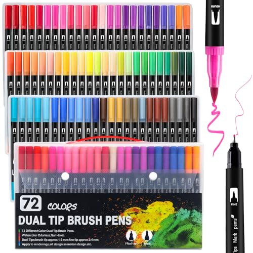 Thboxes Dual Brush Pens, 72 Farben, Filzstifte mit Doppelspitze | 0,4-mm-Fineliner und 2–3-mm-Pinselspitze, Wasserbasierte Tinte, für Zeichnen, Handlettering, Journaling und Schule