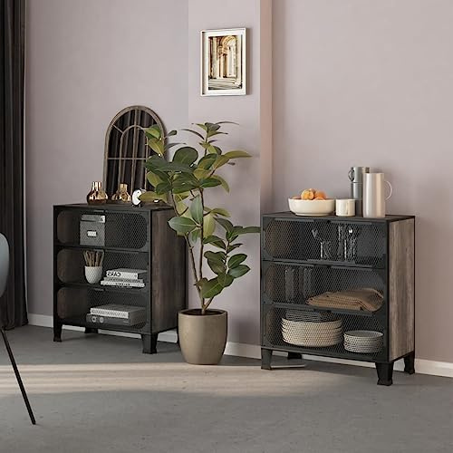 Hoopleep Lagerschränke 2 STK. Grau 72x36x82 cm, Metall und MDF, mit 3 Türen, robuste Aufbewahrung für Speisekammer, Küche, Schlafzimmer, modernes Design