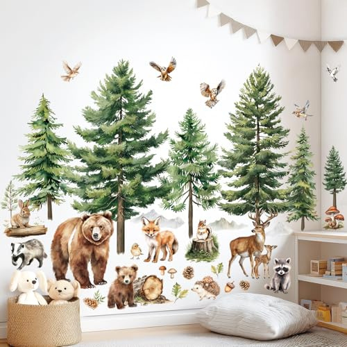 DECOWALL Waldtiere Aquarell Wandtattoo Bär Hirsch Wandsticker XL (SG4-2520) | Selbstklebend, abnehmbar, neu positionierbar – Waldtiere und Kiefern für flexible DIY-Gestaltung auf glatten, sauberen Wänden