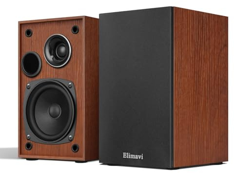 Elimavi Passive Bookshelf Speakers, 2-Way Design with 4 Woofer & 1 Silk Horn Tweeter, 60Hz Bass, Ideal for Home, Office & Theater, Brown (Requires Amplifier or Receiver to Operate)