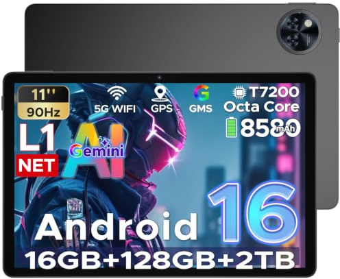 ANYREAL U11 Android 16 Tablet with Gemini AI, 11 Inch 90Hz Display 16GB RAM 128GB ROM /2TB TF, 8580mAh Battery, Unisoc T7200 Octa-Core, 5G WiFi, Face Unlock|Widevine L1|Dual Speakers|13MP+5MP|GPS|OTG