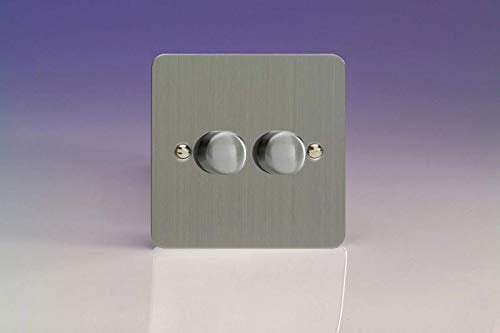 Varilight 2-Gang 2-Way V-Pro Push On/Off Rotary LED Dimmer 2 x 0-120W Brushed Steel