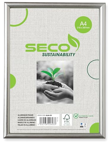 SECO A4-Bilderrahmen aus gebürstetem Aluminium mit Plexiglas-Sicherheitsglas, magnetisch, perfekt für zu Hause/Büro, 18 mm Rahmenkante, silber