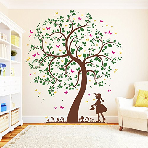 Wandtattoo Loft Wandaufkleber Baum Mädchen mit Gießkanne (4farbig) - Wandtattoo Kinderzimmer /4 Größen / / 60 cm breit x 70 cm hoch
