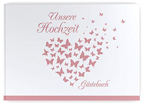 DeinWeddingshop Gästebuch Hochzeit - Hardcover, ohne Fragen, A4 quer, Butterfly Heart (rosé)